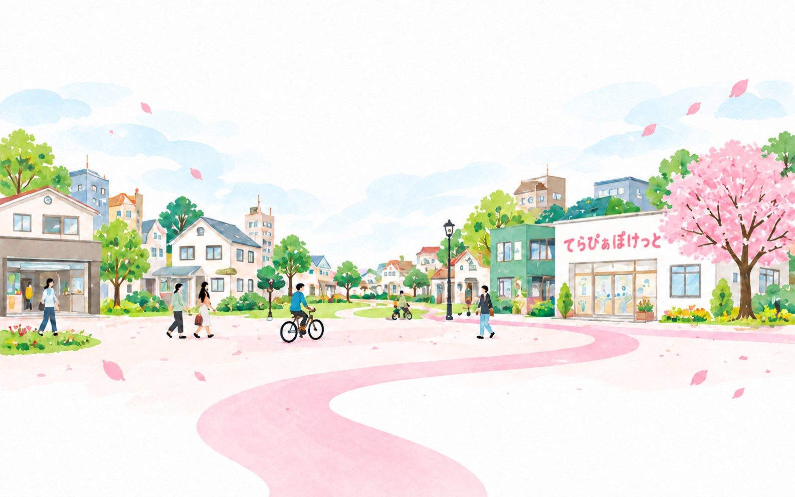 桜が咲く商店街と、てらぴぁぽけっと練馬桜台教室のイラスト
